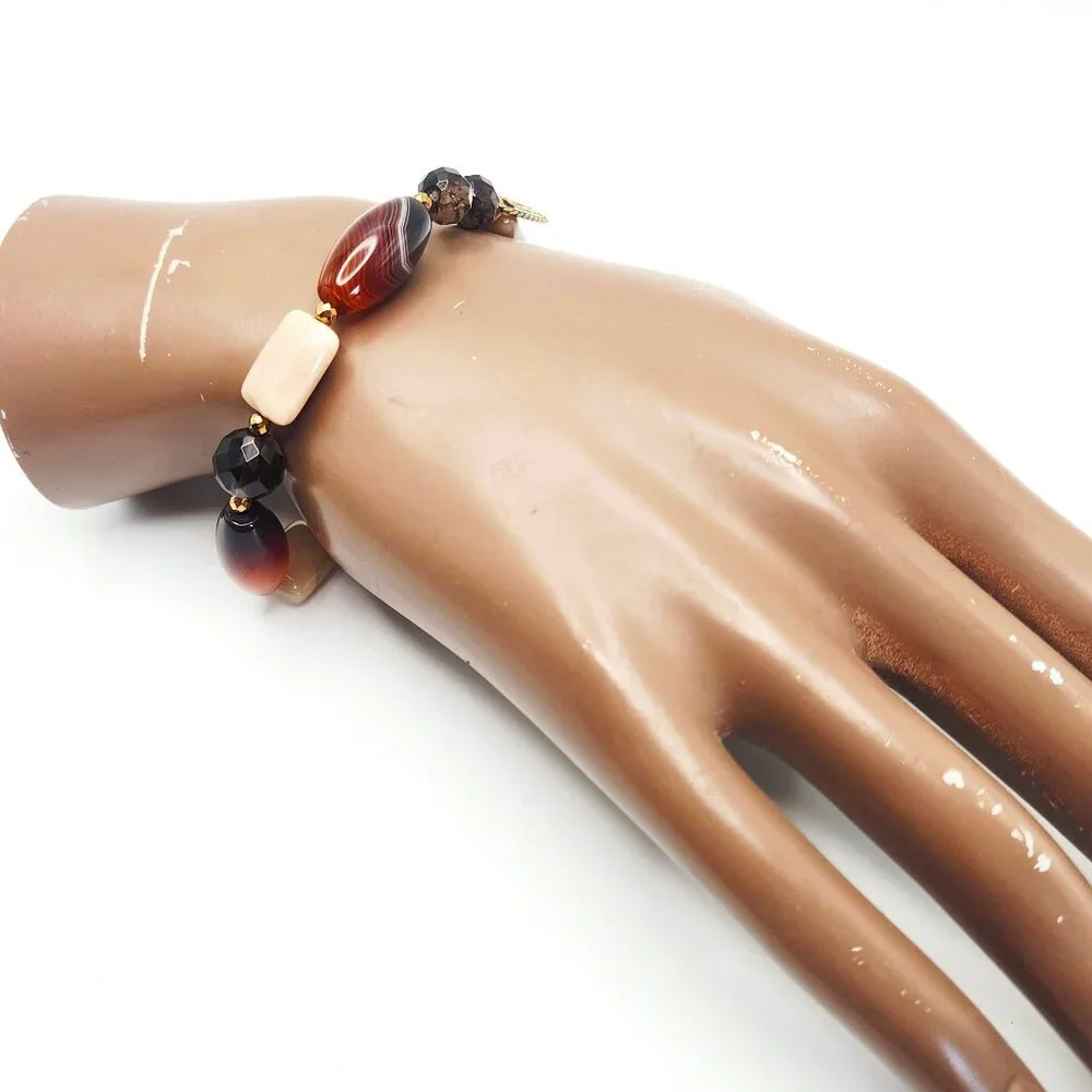 Sara Blaine eSBe Cream Brown Agate Smokey Quartz Cream Stretch Beaded Bracelet